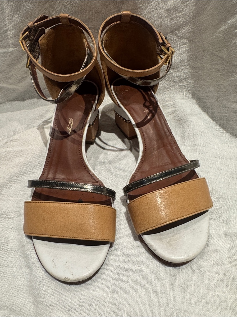 Tan, White and Metallic Strappy Block Heel Sandals - Unbranded